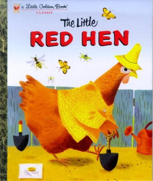 An illustrated hen wearing a shirt and hat uses a shovel to dig a hole. Golden Book version book cover