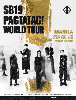 A black-and-white vertical image of SB19, showing concert tour dates in Araneta Coliseum