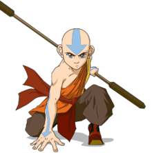 Aang kneeling in a battle pose, holding his staff behind him.
