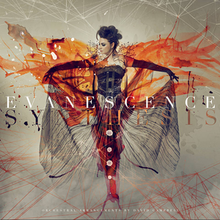 Lead singer Amy Lee is wearing a pompadour and a black dress against a beige background. Lee holds the drees and looks to her right as she is surrounded by orange-colored watercolors and networks. The words "Evanescence" and "Synthesis" are placed at the center of the image.