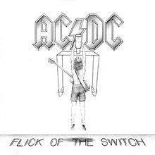 A monochrome pencil illustration of Angus Young with his guitar, hanging from a giant power switch. The AC/DC logo appears behind in silver, with the album's title in all caps, on the floor below Angus.