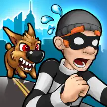 A stereotypical cartoon burglar runs away from a dog.