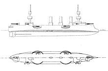 Simple sketch of a ship with a bulbous bow, two large masts, three smoke stacks, and four elliptical sponsons projecting from the sides of the vessel to carry the guns.