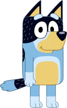 An anthropomorphic cartoon dog with mostly blueish grey fur with a dark blue fur pattern on his head that resembles a bandit's mask. Silver hairs can be seen all over the dark blue areas of his fur as well as on his face around his mouth similar to facial hair, indicating middle age.
