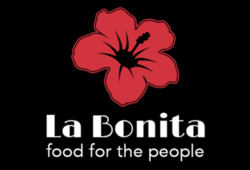 Logo with a red flower and the text "La Bonita" and "food for the people" in white, over a black background