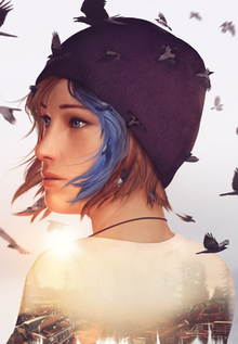 A girl with short brown hair that is partially dyed blue. Wearing a purple beanie and black necklace, her back is turned as she looks to the left; surrounding her face are various birds. A photo of a car junkyard is overlaid on her white shirt.