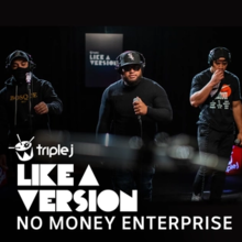 Three rappers dressed in all-black clothing perform in front of a black background, with the Triple J Like a Version logo displayed behind them.