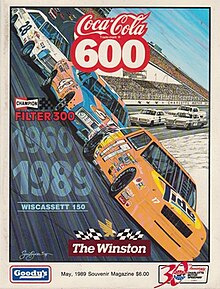 The 1989 Coca-Cola 600 program cover, featuring Darrell Waltrip, Richard Petty, and Fred Lorenzen. Artwork by NASCAR artist Sam Bass.
