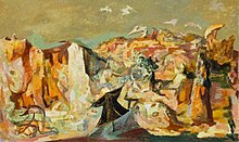 semi-abstract image of two figures in a rugged landscape