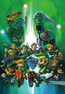 Artwork showing various incarnations of Link on a green background