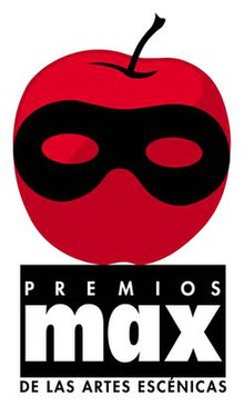 A stylised red version of the apple trophy with the Premios Max de las Artes Escénicas logo below.