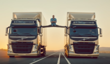 Jean-Claude Van Damme doing his gymnastic split in the commercial between two Volvo FM series trucks