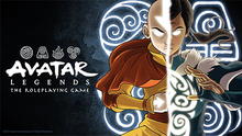 An illustration split in two, showing the young boy Aang and the young woman Korra in the "avatar state", with their eyes, and Aang's tattoos, glowing brightly.