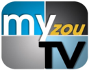 A rounded rectangle divided into blue and gray parts with the word "my" in white in the upper left, a gold "z o u" italicized in the upper right, and a black "T V" in the lower right.