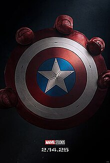 The Captain America shield on a black background with a giant red hand emerging from behind it.