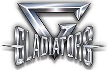 Image containing the word 'GLADIATORS' in all upper-case letters stylised in a cinemascope-type format, which is partly overlaying a capital letter 'G' stylised in an inverse triangle.