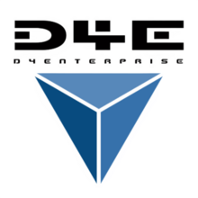 Logo for D4 Enterprise: D4E, written above the full name English of the company in Latin script, all above three isosceles triangles in varying shades of blue that aren't quite touching, that together form a downwards pointing equilateral triangle.
