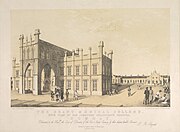 An 1844 engraving of Grant Medical College (left) and Sir Jamsetjee Jeejeebhoy Hospital (right background) in Bombay made by G. R. Sargeant the year before the medical college was formally opened.