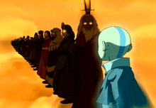 The Avatars standing in line, including Aang, Roku, Kyoshi, Kuruk, Yangchen, Szeto, Salai in that order.