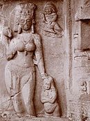 Goddess Ganga with left hand resting on a dwarf attendant's head from the Rameshwar Temple, Ellora Caves, Maharashtra (6th century)