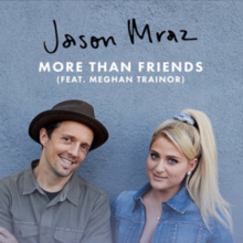 Jason Mraz and Meghan Trainor stand afront a grey backdrop with the text "Jason Mraz More Than Friends (Feat. Meghan Trainor) above them