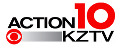 The word "Action" in black in an extended sans serif next to a bold, geometric numeral 10 in red. Beneath are the CBS eye in red, a gradient element fading to black, and the letters K Z T V.