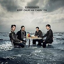 Stereophonics members sitting on a table in the ocean on a cloudy day, looking at us. The words "STEREOPHONICS" with a line and "Keep Calm AND Carry On" can be seen above the people.