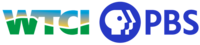 The letters WTCI, containing a green curved area as well as a light blue to yellow gradient, reminiscent of a sunrise or sunset over hills, next to the PBS network logo in blue.