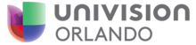 The Univision network logo, a 3D compilation of purple, red, green and blue elements that loosely form the letter U. Next to it are the words "Univision" and "Orlando" in two lines in a gray sans serif, with the name "Univision" in unicase.