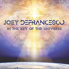 The name of the artist and album written in the center of the frame in front of a nebulous cloud colored yellow at the middle with a star shining through, then dark blue around the outside, with Earth visible at the bottom of the frame.