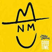 A stylized smiley face on a yellow background, with the letters N and M forming the eyes, and a stylized hat. In the lower right hand corner are the words "Niko Moon" in black text, and "Good Time" in white text.