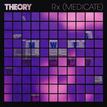 A symmetric mosaic pattern consisting of squares in various shades of purple. The entire image is surrounded by a thick black border. The word "Theory" is seen in the upper left corner while the words "Rx (Medicate)" is displayed in the top right corner.