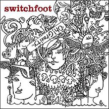 Several different thoughts and items all in white color appear on a ground near a small sea. In the middle we see a white image of Jon Foreman smoking a cigarette with "Oh! Gravity.". Above, we see the words "switchfoot".