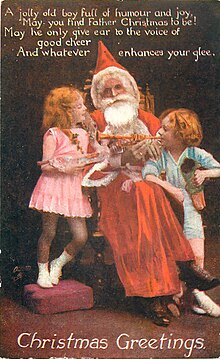 Postcard of Father Christmas with two children