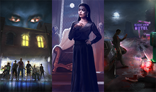 Three illustrations representing the games: the first shows a group of armed people in front of a building; the second shows a vampire illuminated by moonlight; and the third shows a vampire leaning against a car in front of a corpse.
