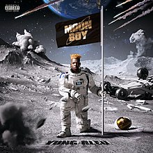 The cover consists of Yung Bleu in a space suit on a moon planet, kneeling on his left knee, with the planet Earth and some asteroids behind him. The artist's name appears below him on the ground, and the album title is on a planted black flag.
