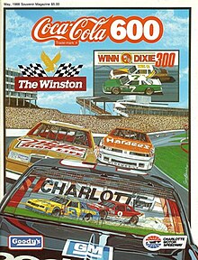 The 1988 Coca-Cola 600 program cover, featuring Dale Earnhardt, Bill Elliott, Bobby Allison, and Cale Yarborough. Artwork by NASCAR artist Sam Bass.