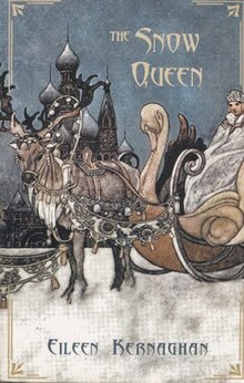 On a snowy night, a reindeer draws a sleigh carrying a white-clad woman. A castle is seen in the background