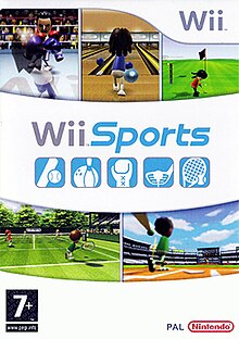 Artwork of a vertical rectangular box. The top third displays three screen shots from the game: two characters with boxing gloves fighting in a boxing ring, a character holding a bowling ball at a ball pit, and a character holding a golf at the putting green of a golf course The Wii logo is shown at the upper left corner. The center portion reads "Wii Sports" over five blue boxes depicting different sports equipment. The third displays two more screen shots from the game: a character holding a Tennis racket at a Tennis Court and a character swinging a Baseball bat in a stadium. The PEGI "7+" rating is shown on the bottom left corner and the Nintendo logo is on the bottom right corner.