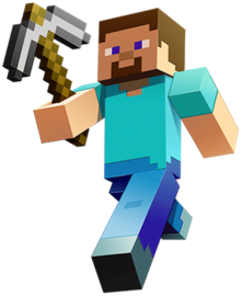 Artwork of Steve running and holding a diamond pickaxe.