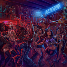 A crowd of people dancing in a neon-lit club