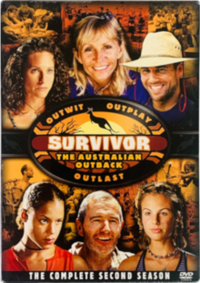 Each of top and bottom halves shows two females and a male, totaling to six. The center shows the season's logo: an oval with "Outwit, Outplay, Outlast" on the outside; on a stripe in the middle is the word Survivor and below it "The Australian Outback"; a scene of a kangaroo jumping over sand in a sunny desert is depicted. Various scenes from the season are used as the image's background in one of monotone colors.