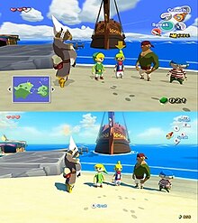A comparison of the graphics of Wind Waker HD and the original GameCube release, Wind Waker, with the original on the top and the remake on the bottom.