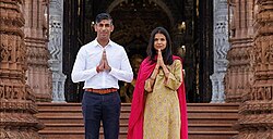 Rishi Sunak, the former Prime Minister of the United Kingdom, and his wife Akshata Murty, with Namaste greetings, at Akshardham Temple, Delhi