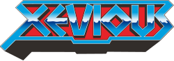 The word "XEVIOUS" in blue metallic letters against a red background.