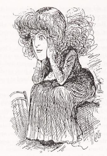 drawing of a young woman sitting on a bed or sofa looking thoughtful