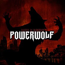 A black werewolf figure on a red and black city background, with the Powerwolf logo and the words "RETURN IN BLOODRED" in a red font.