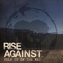 A faded drawing of a fist in front of a heart. In the lower left corner, the text "RISE AGAINST" is displayed, with "HELP IS ON THE WAY" underneath in smaller text