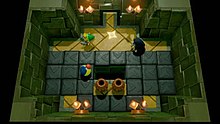 Top-down view of a room with back spaces around it, where a person is evading attacks from two enemies