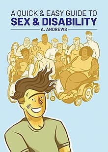 The illustrated cover depicts a person in the foreground smiling with brown hair that is long on top and short on the sides. They are wearing a t-shirt and a scar shows at the nape of their neck. In the background, a large group of people of different sizes and ethnicities, with different disabilities stand together smiling.